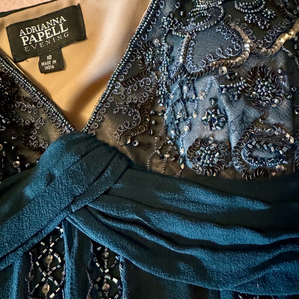 Adrianna Papell Dark Blue Silk-Lined Beaded Evening Dress